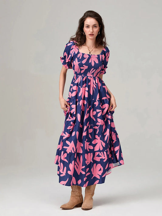 Floral Print Flowy Puff Sleeve Square Neck A-Line Vacation Floral Dress