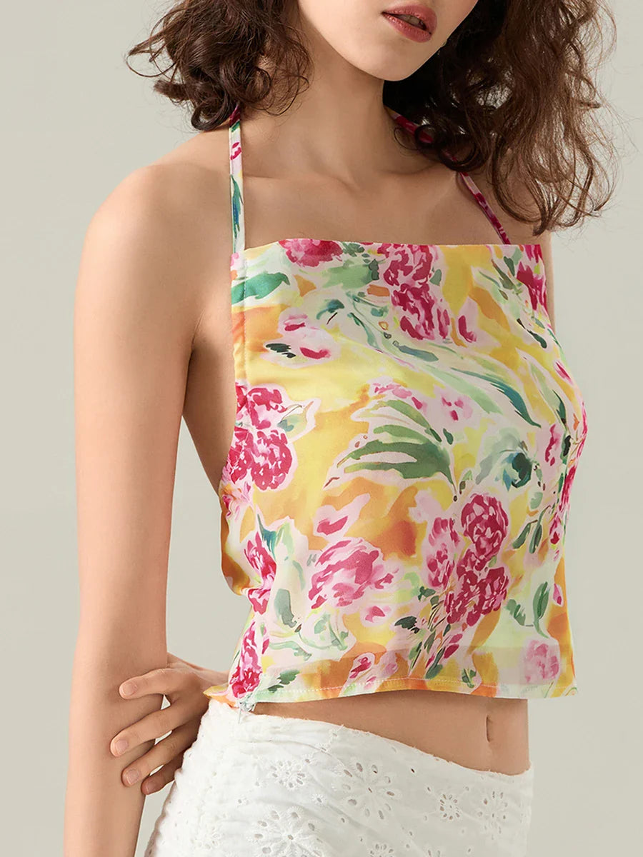 Floral Halter Backless Sleeveless Cropped Vest Camisole