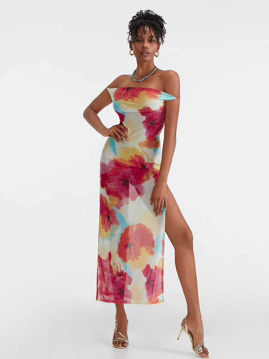 Floral Print High Split Backless Off-Shoulder Tie-up Long Floral Dress