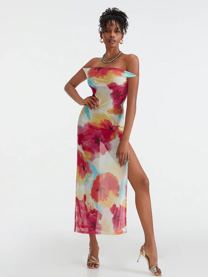 Floral Print High Split Backless Off-Shoulder Tie-up Long Floral Dress