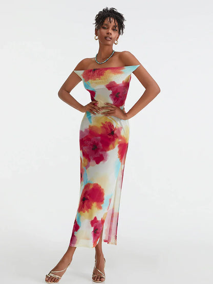 Floral Print High Split Backless Off-Shoulder Tie-up Long Floral Dress