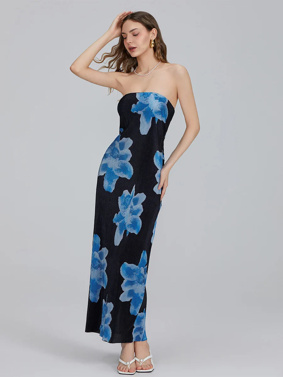 Floral Print Off-Shoulder Bandeau Pleated Tube Top Backless Party Dress