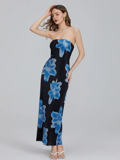 Floral Print Off-Shoulder Bandeau Pleated Tube Top Backless Party Dress