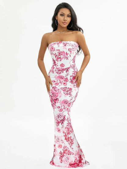 Floral Off-Shoulder Tube Bandeau Slit Bodycon Beach Holiday Floral Dress