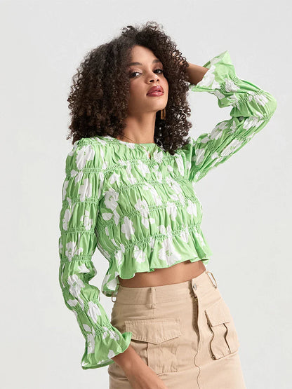 Floral Ruched Boat Neck Long Sleeve Crop T-shirt