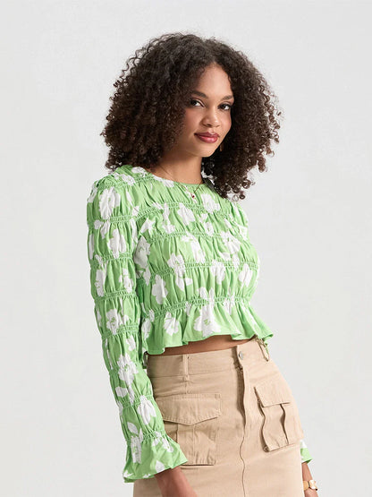 Floral Ruched Boat Neck Long Sleeve Crop T-shirt