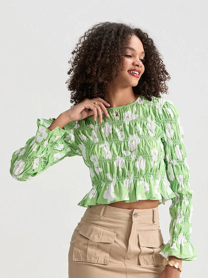 Floral Ruched Boat Neck Long Sleeve Crop T-shirt