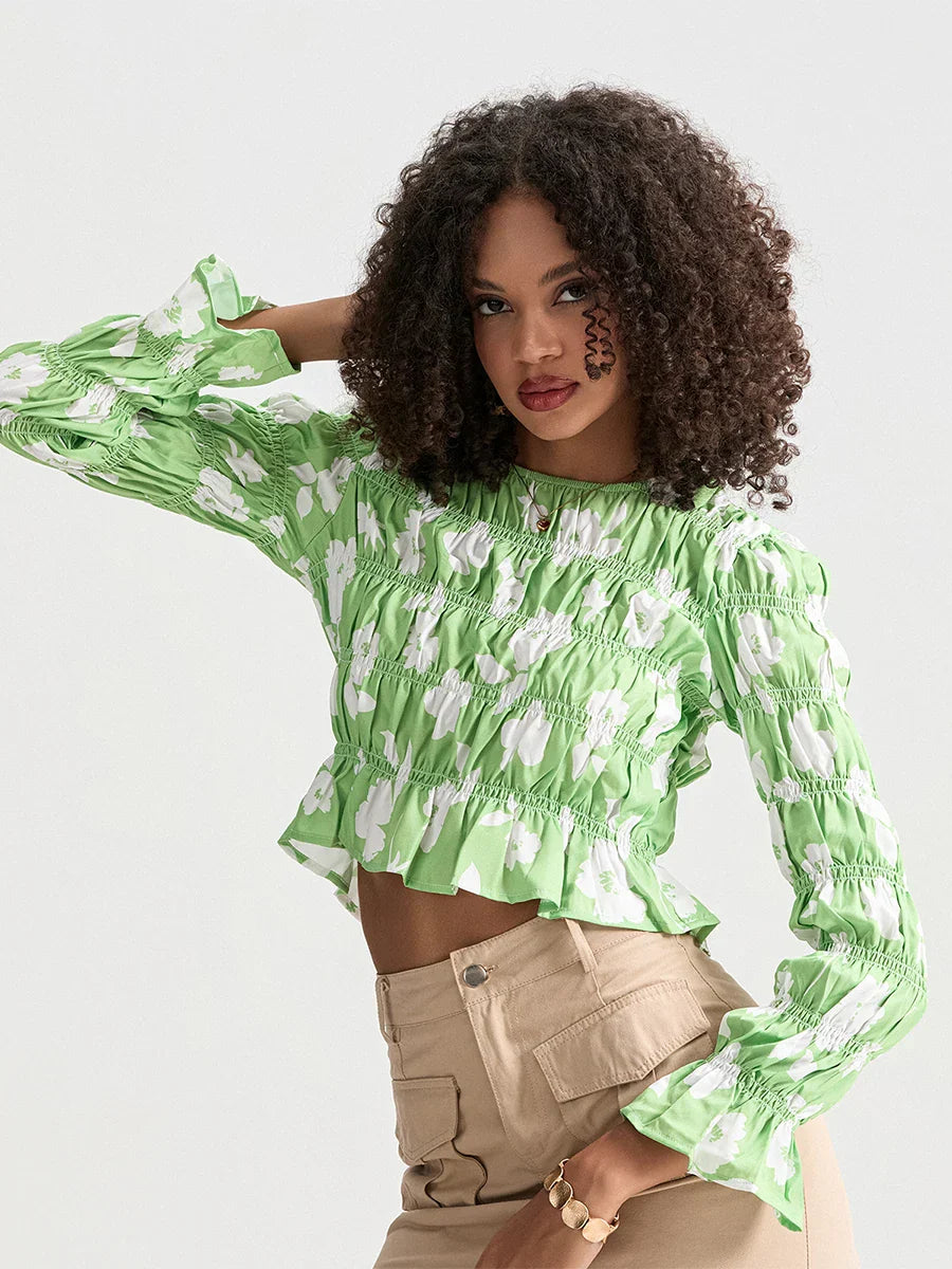 Floral Ruched Boat Neck Long Sleeve Crop T-shirt