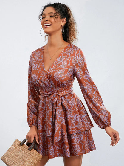 Floral Print Ruffles Tiered Mini Dress V-neck High Waist Floral Dress