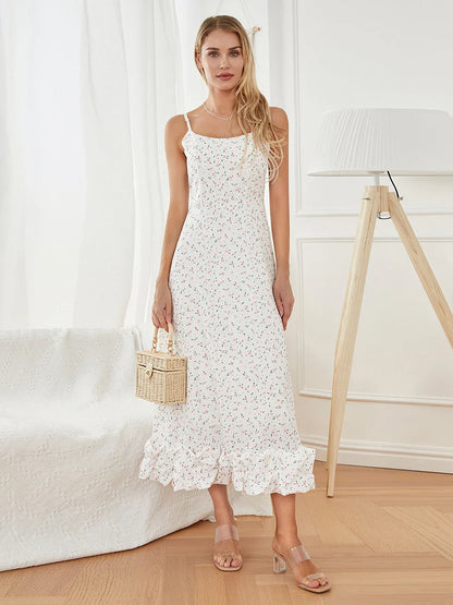 Spaghetti Strap Ruffled Long Sweet Sling Bubble Hem A-line Floral Dress