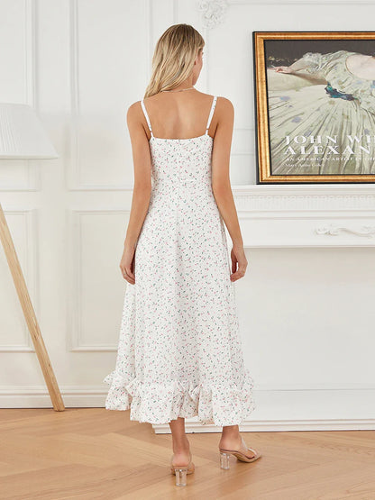 Spaghetti Strap Ruffled Long Sweet Sling Bubble Hem A-line Floral Dress