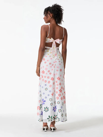 Spaghetti Straps Elegant Backless Bow Cross Floral Dress