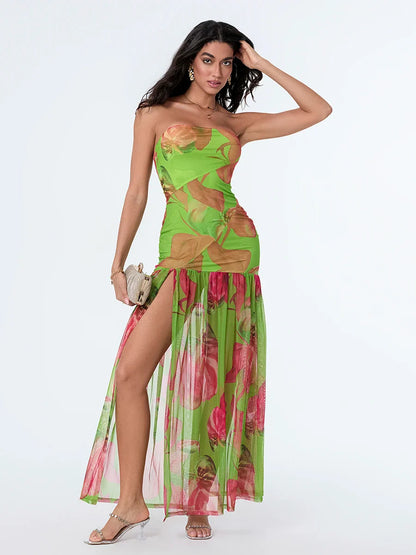 Strapless High Slit Mesh Hem Floral Dress