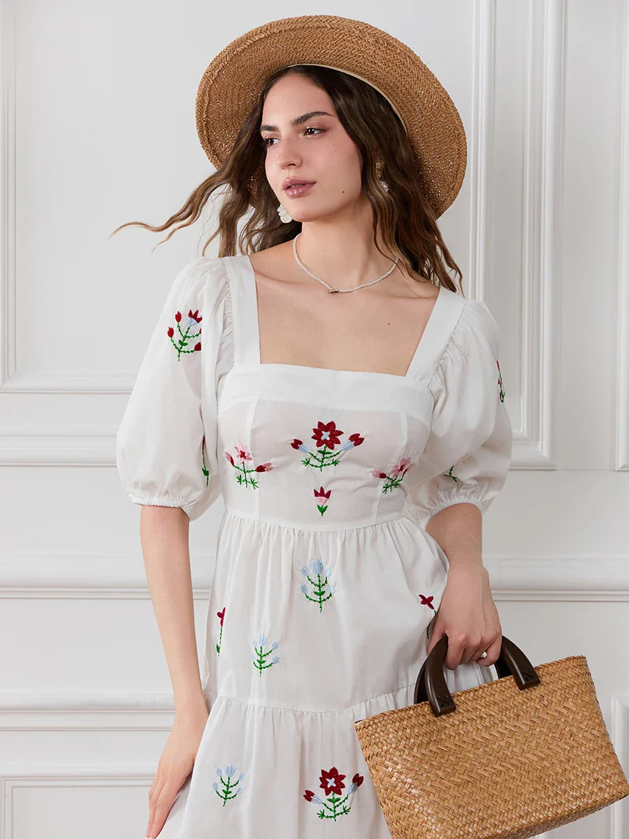 Flower Embroidery Flowy Ruched A-Line Floral Dress