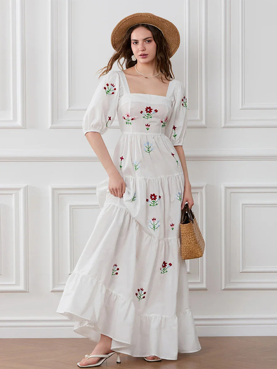 Flower Embroidery Flowy Ruched A-Line Floral Dress