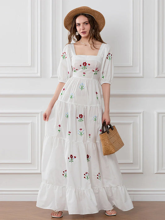 Flower Embroidery Flowy Ruched A-Line Floral Dress