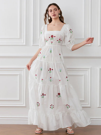 Flower Embroidery Flowy Ruched A-Line Floral Dress