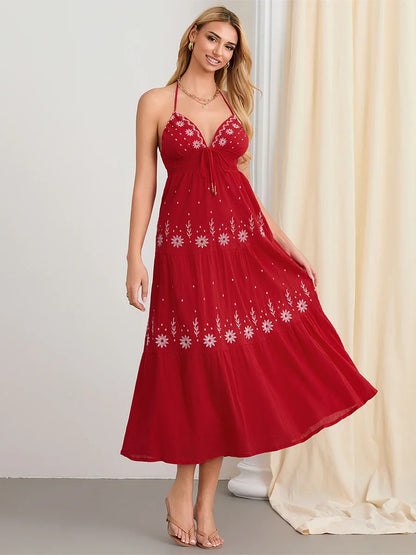 Flower Embroidery Tie-Up Halter Boho Backless A-Line Beach Dress