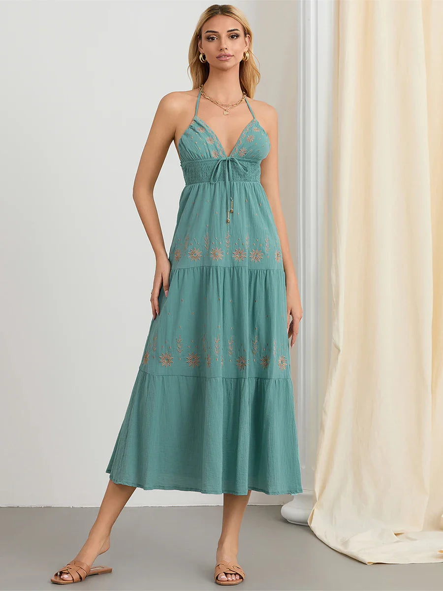 Flower Embroidery Tie-Up Halter Boho Backless A-Line Beach Dress