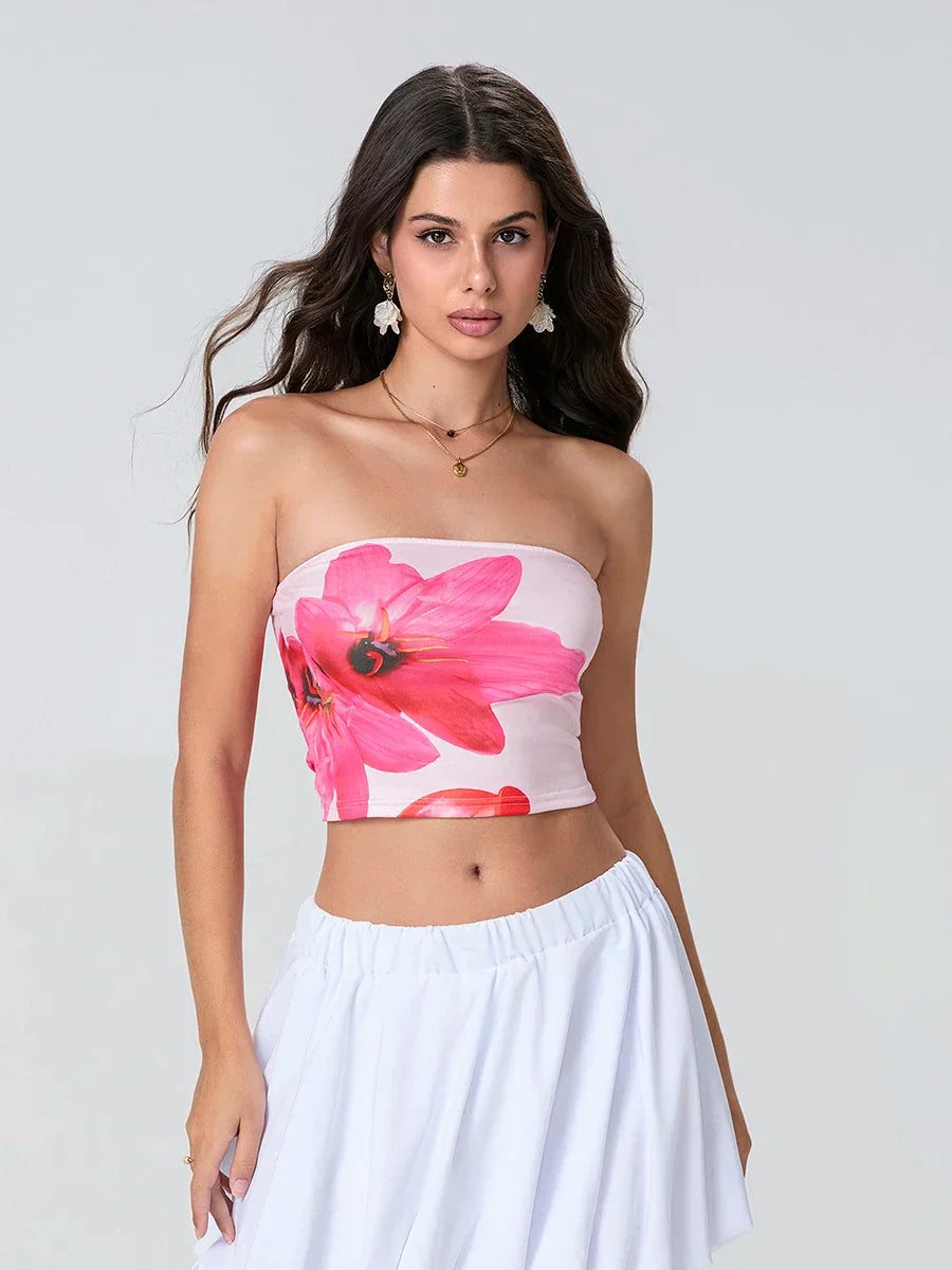 Floral Print Backless Strapless Cropped Tube Top Bandeau