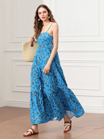 Spaghetti Strap Ruched Backless A-Line Beach Vacation Floral Dress
