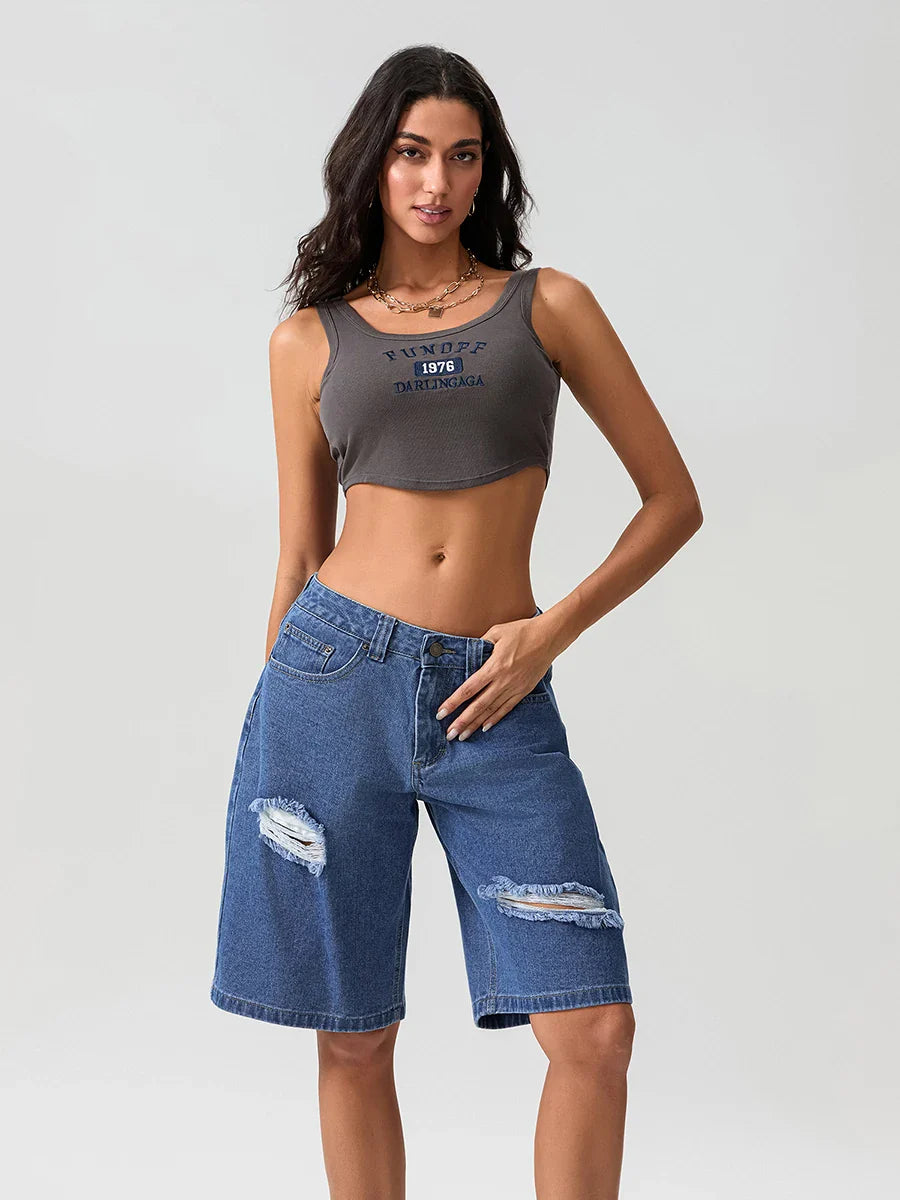 Ripped Button Knee-Length Denim Short