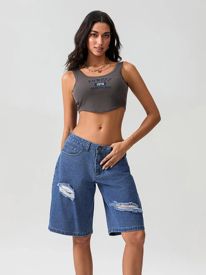 Ripped Button Knee-Length Denim Short