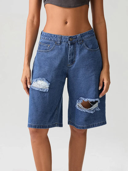 Ripped Button Knee-Length Denim Short