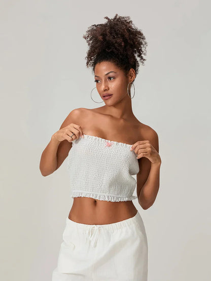 Bow Lace Smocked Strapless Backless Crop Bandeau Top