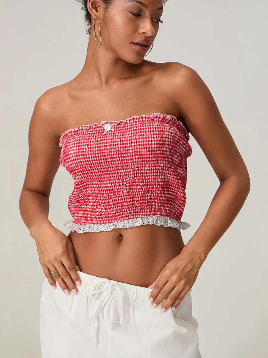 Bow Lace Smocked Strapless Backless Crop Bandeau Top