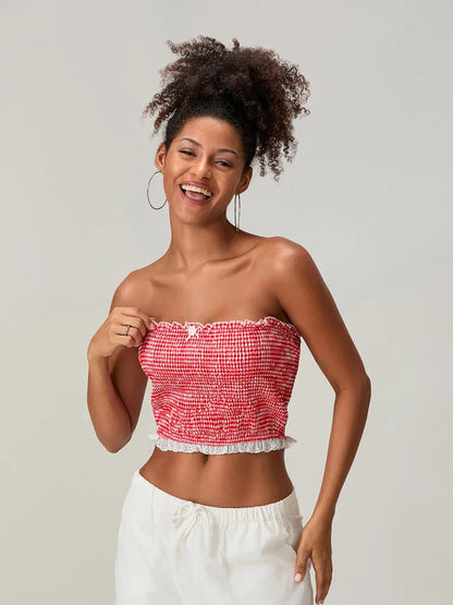 Bow Lace Smocked Strapless Backless Crop Bandeau Top