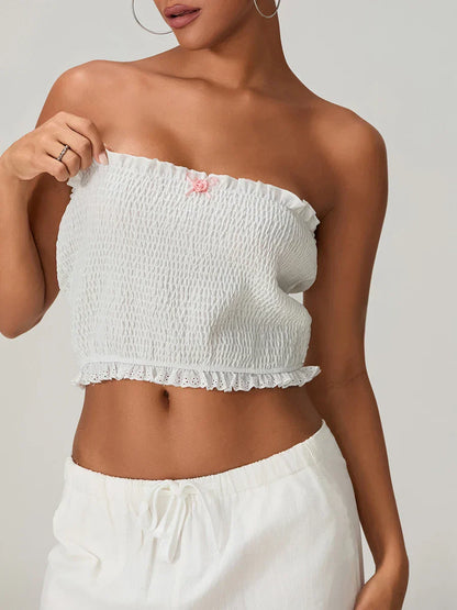 Bow Lace Smocked Strapless Backless Crop Bandeau Top