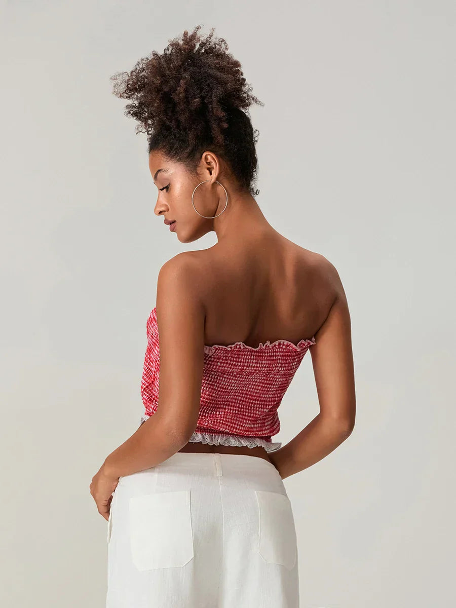 Bow Lace Smocked Strapless Backless Crop Bandeau Top