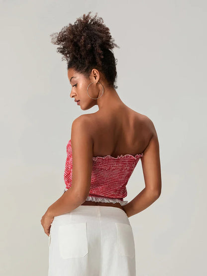 Bow Lace Smocked Strapless Backless Crop Bandeau Top