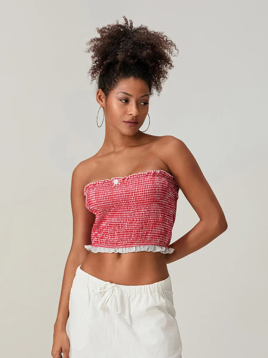 Bow Lace Smocked Strapless Backless Crop Bandeau Top