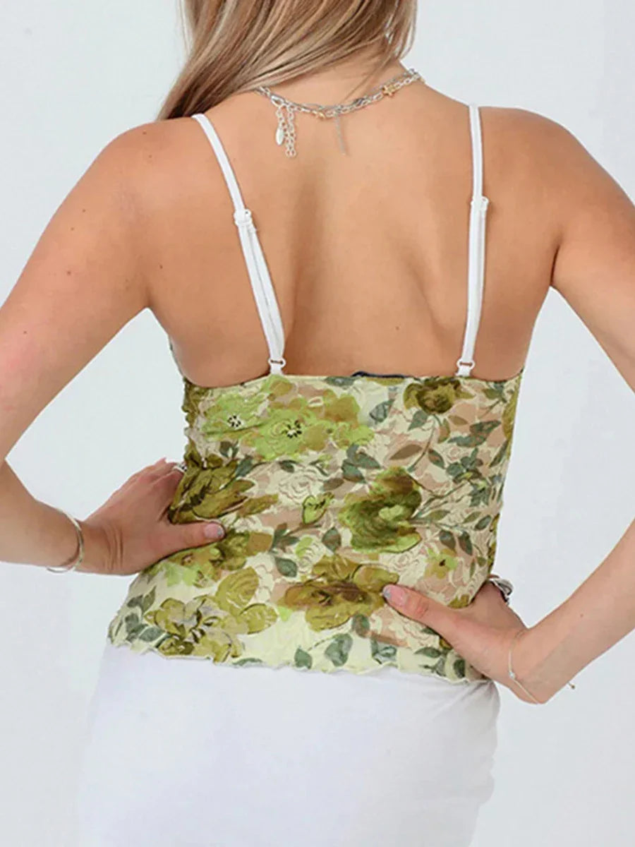 Floral Lace Sheer Spaghetti Strap V-neck Harajuku Crop Top