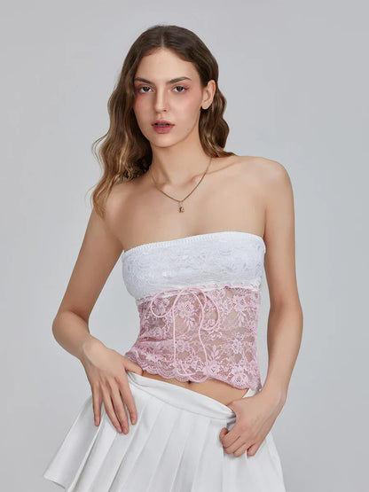 Floral Patchwork Bow Tie Front Off-shoulder Bandeau Top