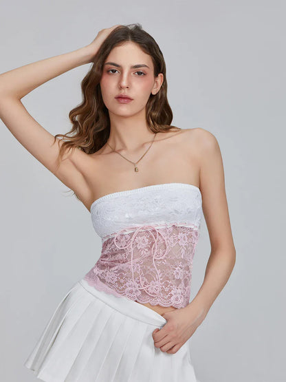 Floral Patchwork Bow Tie Front Off-shoulder Bandeau Top