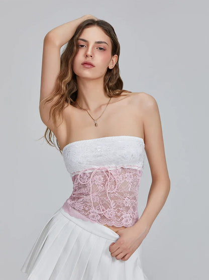 Floral Patchwork Bow Tie Front Off-shoulder Bandeau Top