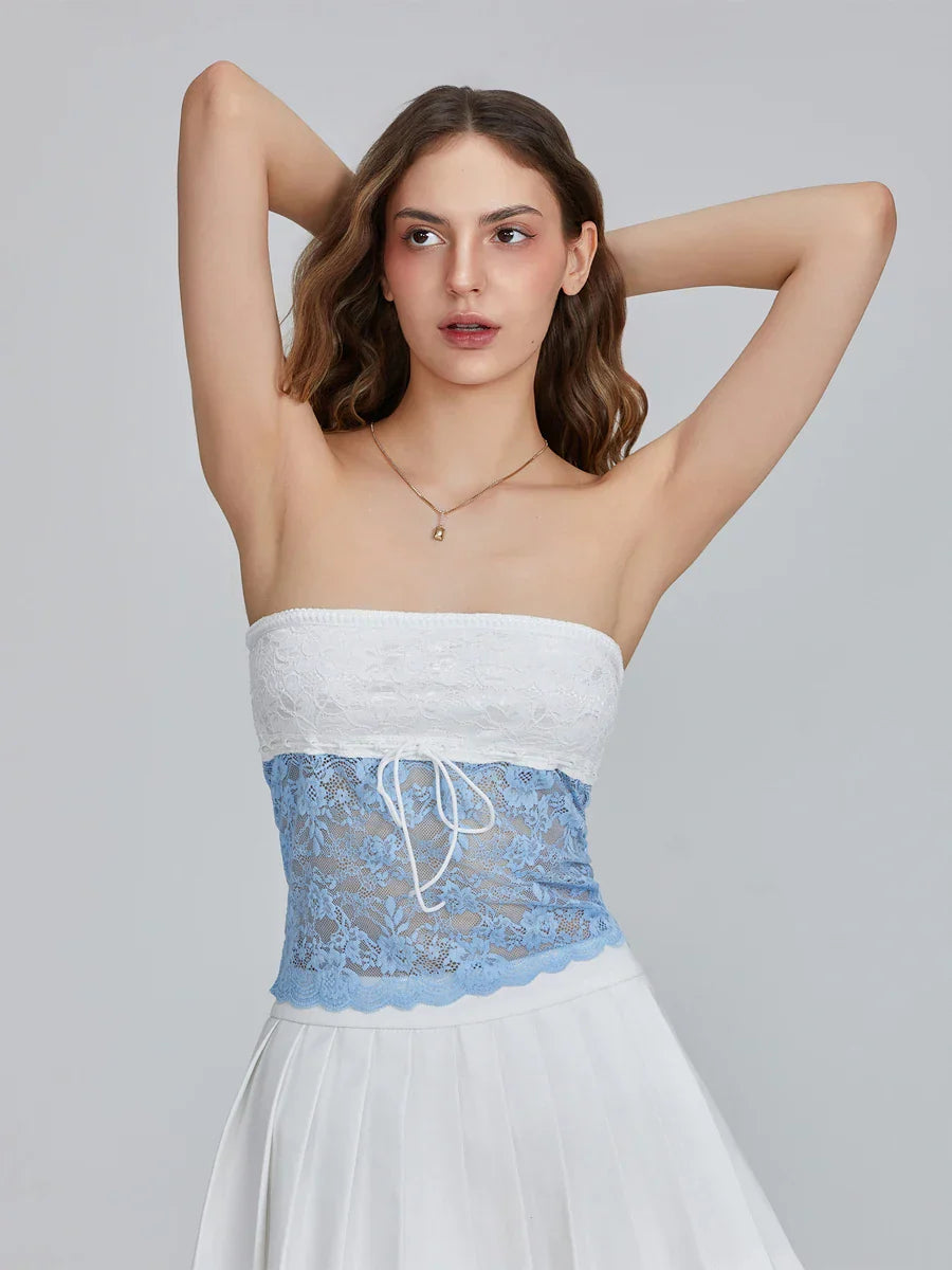 Floral Patchwork Bow Tie Front Off-shoulder Bandeau Top