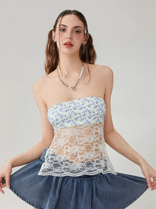 Floral Lace Mesh Sheer Strapless Backless Tie-up Tube Top