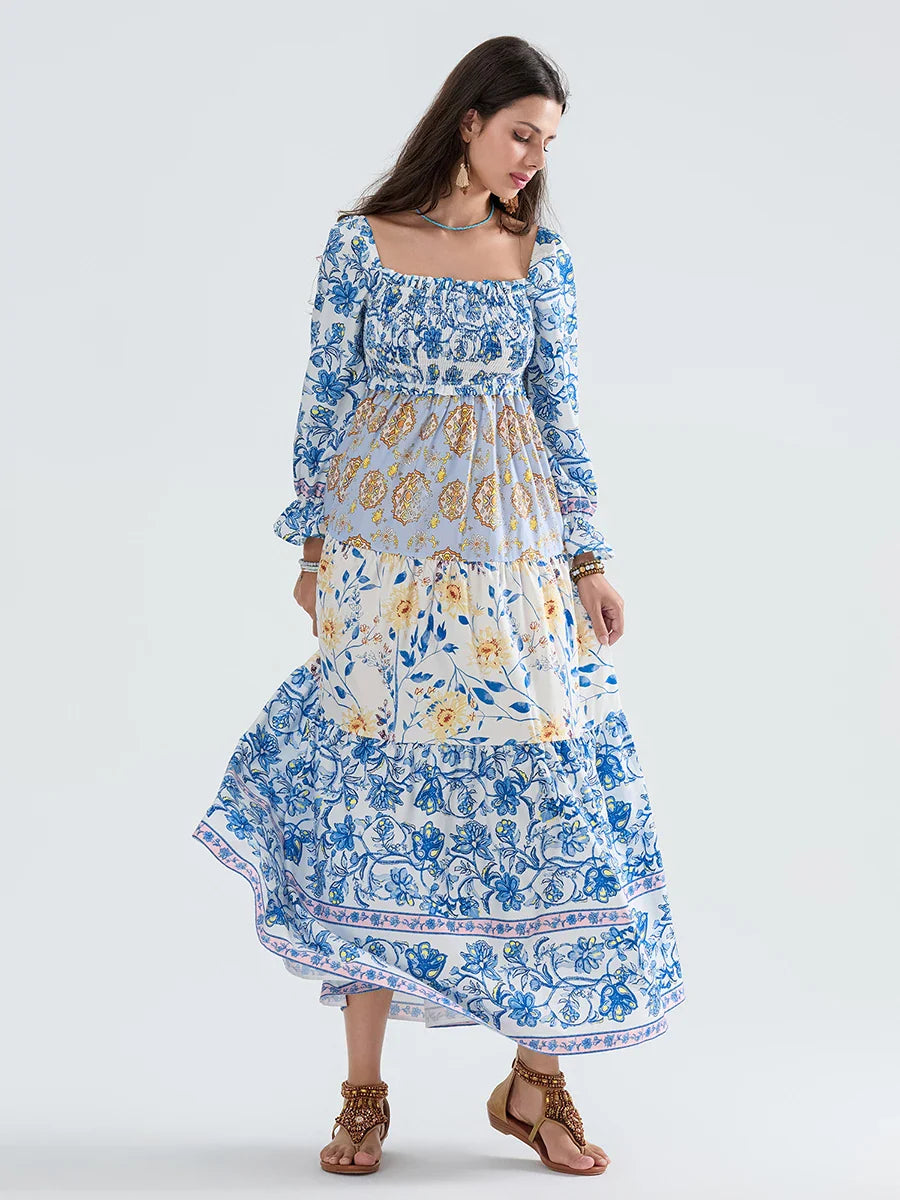 Patchwork Floral Bohemian Off-Shoulder Puff Sleeve Ruffled Vacation Beach Dress