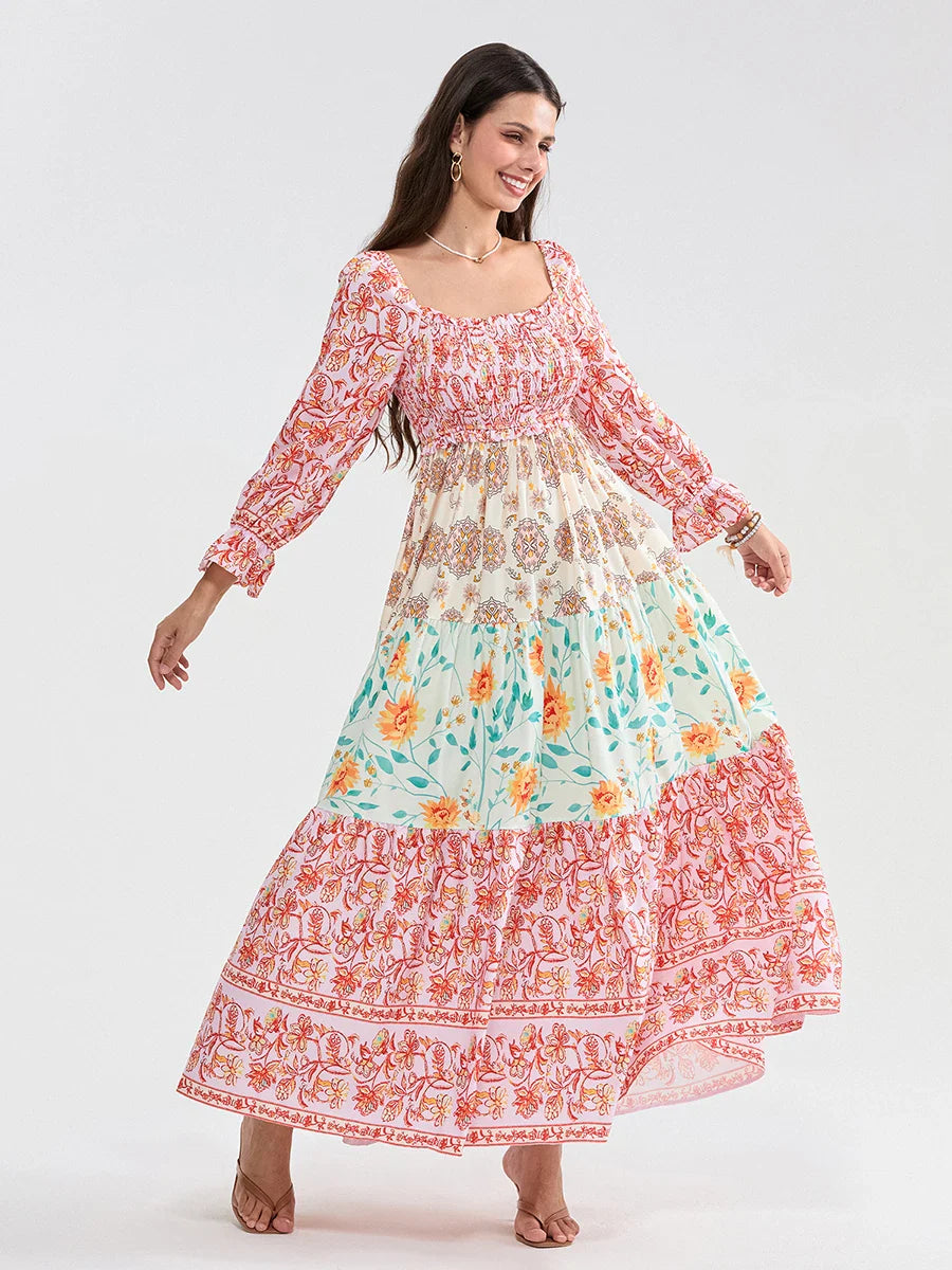 Patchwork Floral Bohemian Off-Shoulder Puff Sleeve Ruffled Vacation Beach Dress