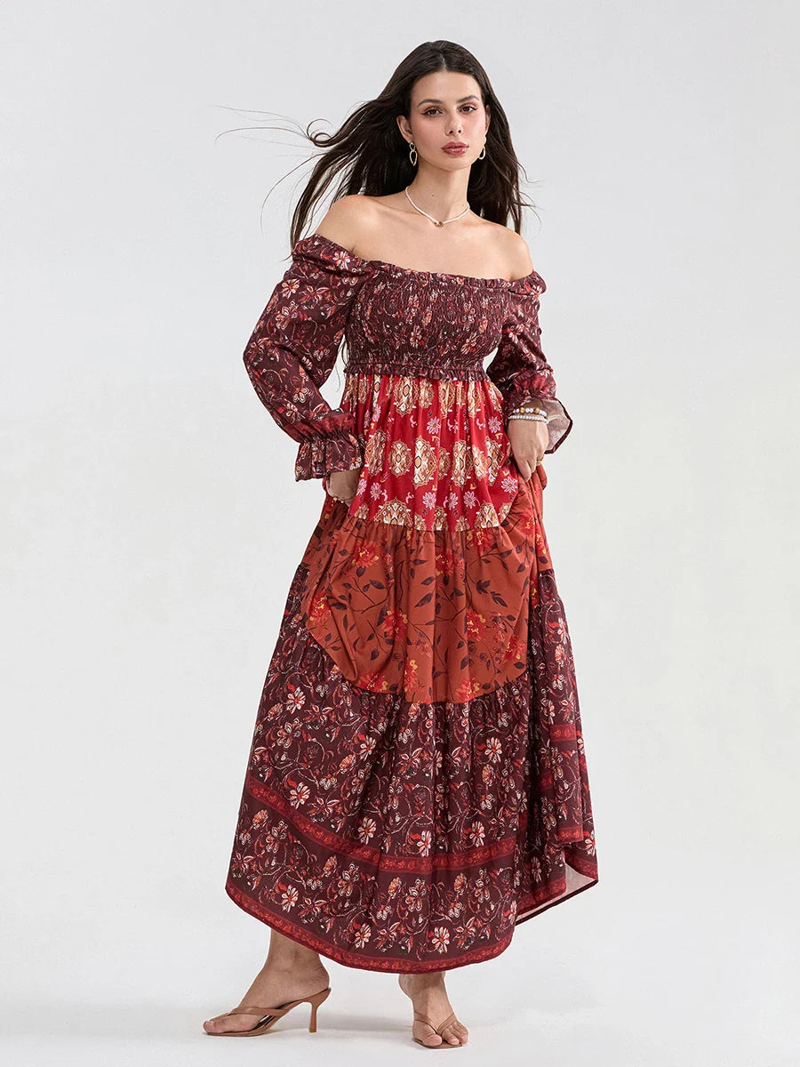Patchwork Floral Bohemian Off-Shoulder Puff Sleeve Ruffled Vacation Beach Dress