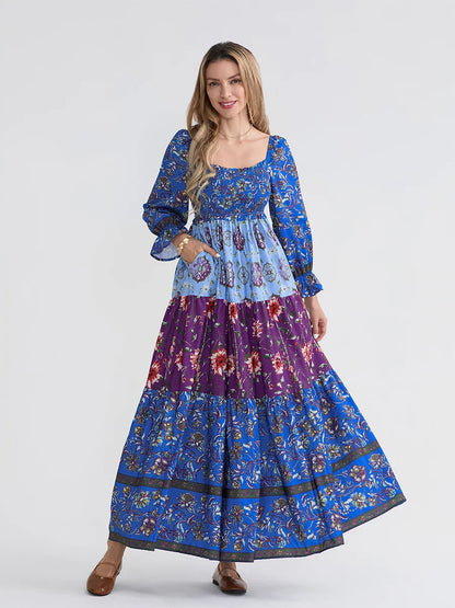 Patchwork Floral Bohemian Off-Shoulder Puff Sleeve Ruffled Vacation Beach Dress