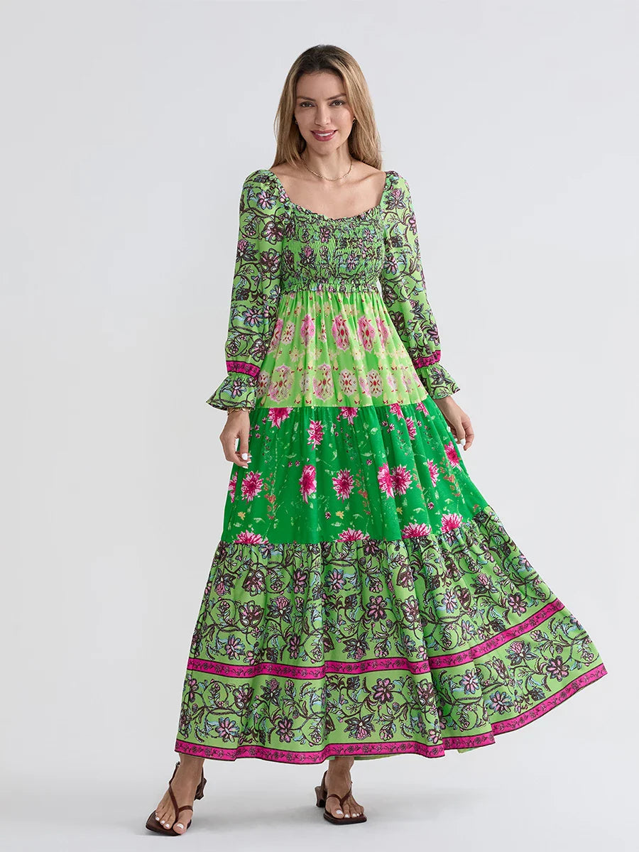 Patchwork Floral Bohemian Off-Shoulder Puff Sleeve Ruffled Vacation Beach Dress
