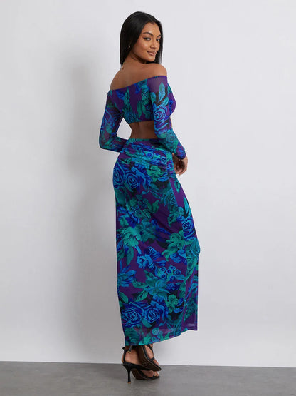 Off-Shoulder Crop Top High Waist Long Floral Skirt