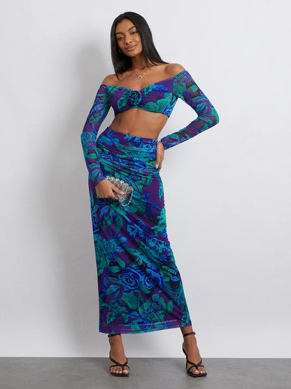 Off-Shoulder Crop Top High Waist Long Floral Skirt