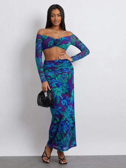 Off-Shoulder Crop Top High Waist Long Floral Skirt