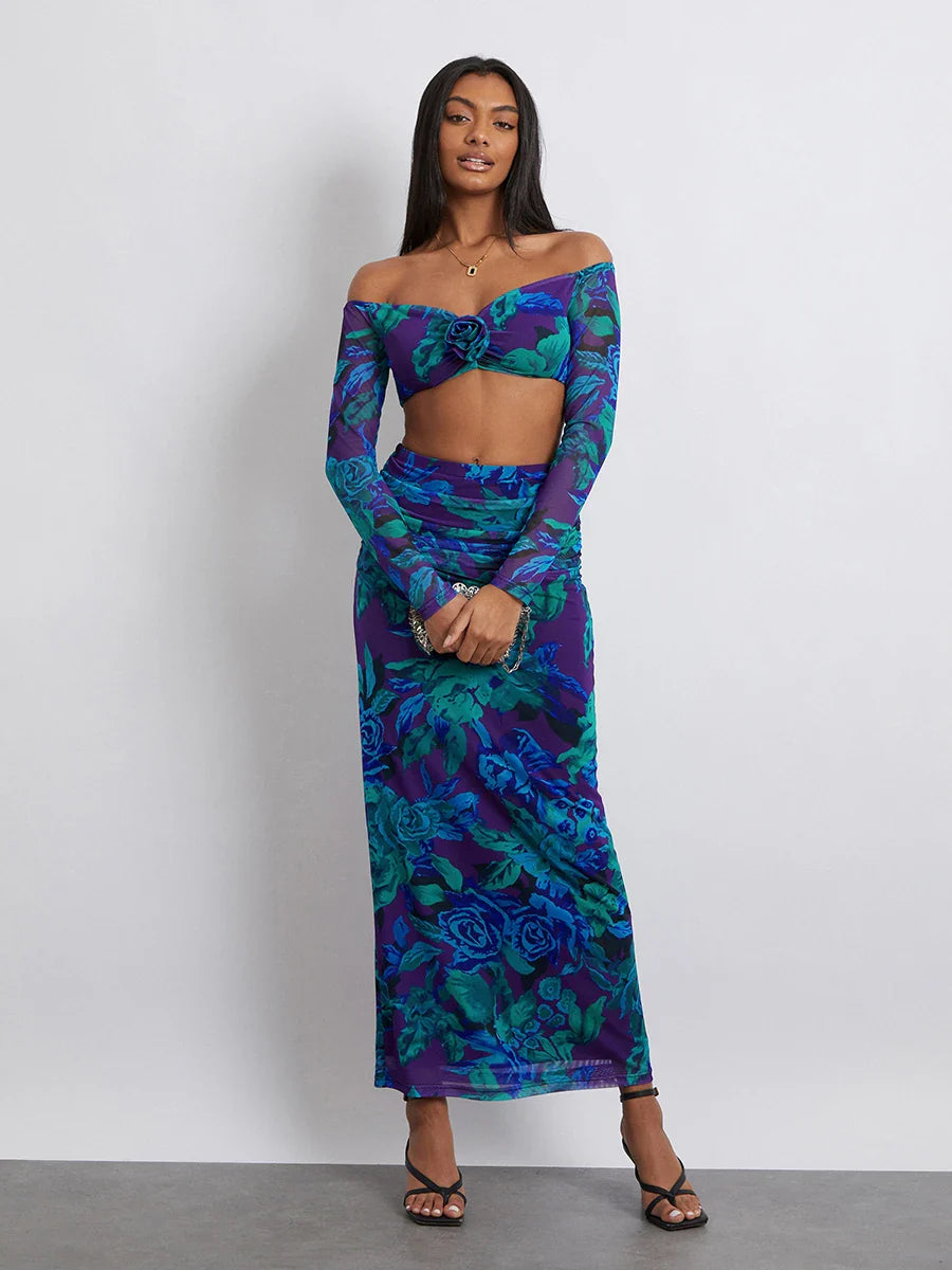 Off-Shoulder Crop Top High Waist Long Floral Skirt